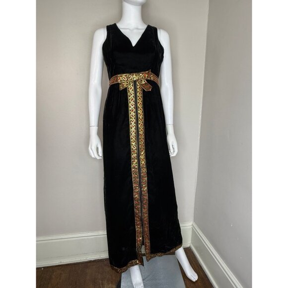 Vintage 1960s Black Velvet Maxi Dress Metallic Gold & Red Ribbon Trim Size Small - Picture 4 of 7